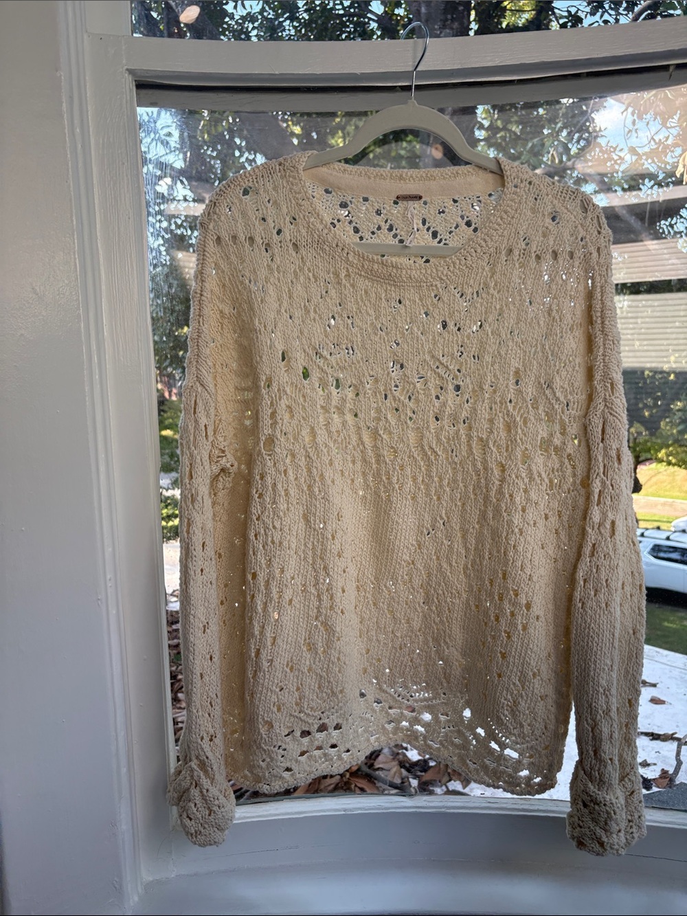 Free People Cream Openwork Scoop Neck Sweater